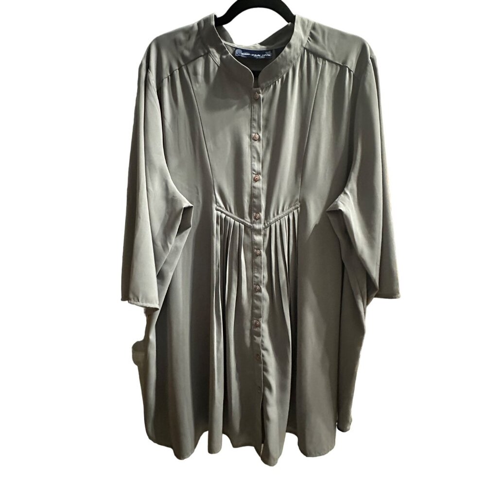 Susan Graver Style size 2X gray pintuck 3/4 sleeve button front Boho dress tunic